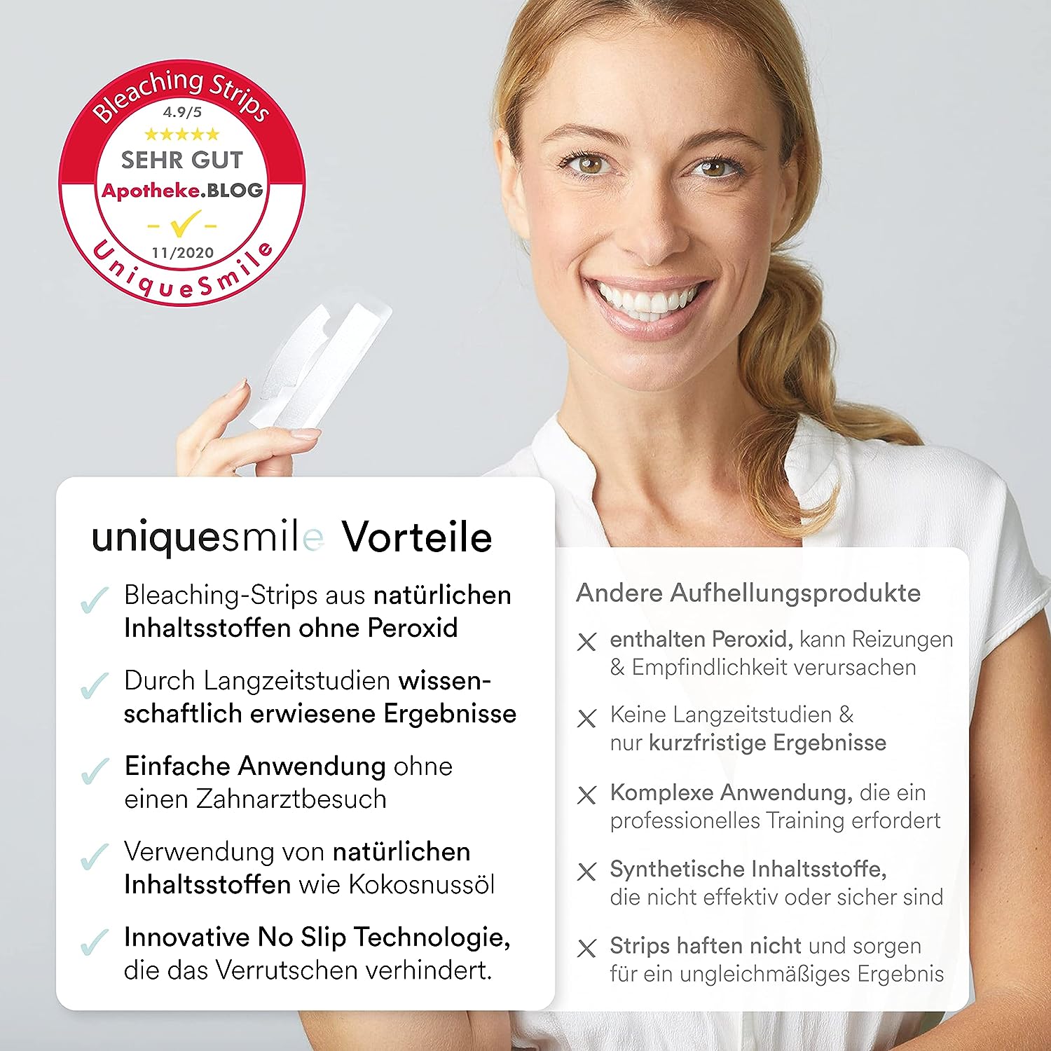 Uniquesmile Zahnaufhellung Whitening Strips – frei von Peroxid (40 Stück)